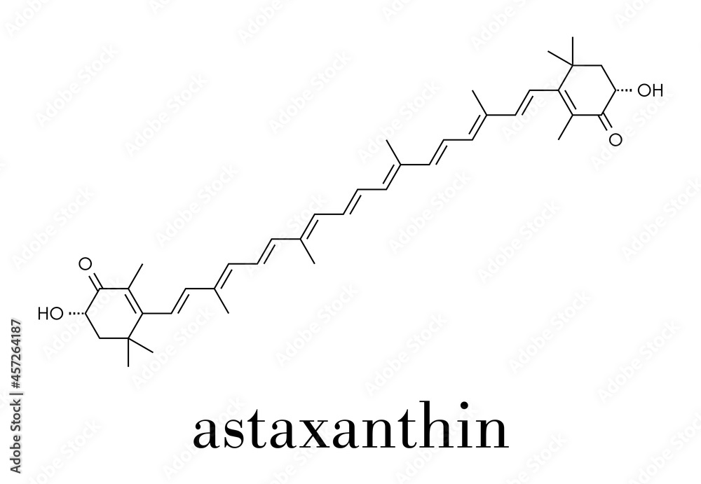 Astaxanthin pigment molecule. Carotenoid responsible for the pink-red color of salmon, lobsters and shrimps. Used as food dye (E161j) and antioxidant food supplement. Skeletal formula.
