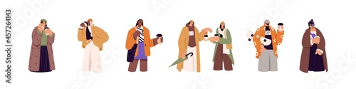 Set of people carrying takeaway coffee cups. Man and woman holding hot drinks in hands. Modern characters with takeout mugs of tea and cappuccino. Flat vector illustration isolated on white background
