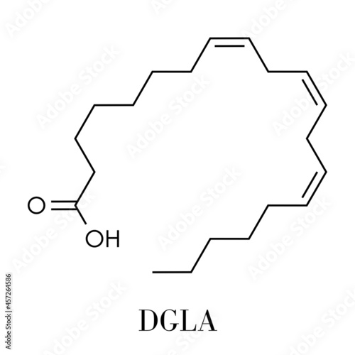Dihomo-γ-linolenic acid (DGLA) fatty acid molecule. Omega 6-fatty acid that is produced in the body from gamma-linolenic acid. Skeletal formula.
