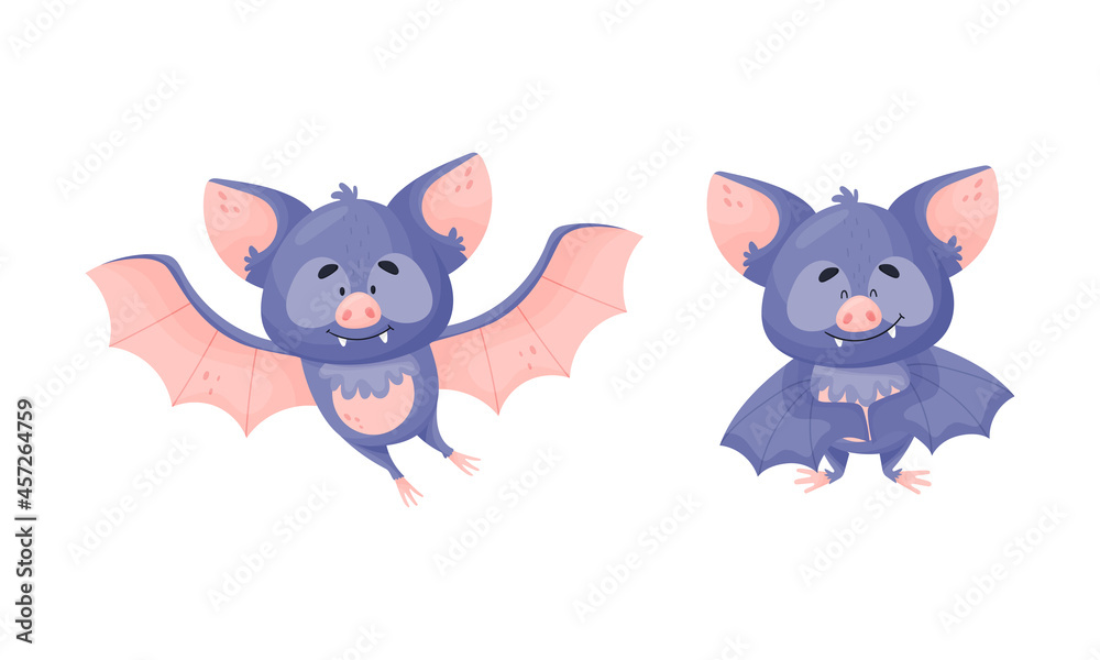 Funny Purple Bat Character Fluttering and Standing Vector Set Funny Purple Bat Character Fluttering and Standing Vector Set