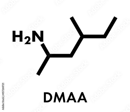 Methylhexanamine (1,3-dimethylamylamine, DMAA) stimulant drug, chemical structure. Skeletal formula.