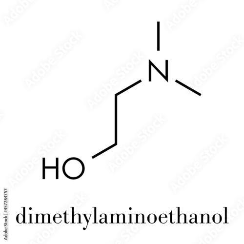 Dimethylaminoethanol (dimethylethanolamine, DMEA, DMAE) molecule. May have beneficial effects on health, including lifespan increase. Skeletal formula.