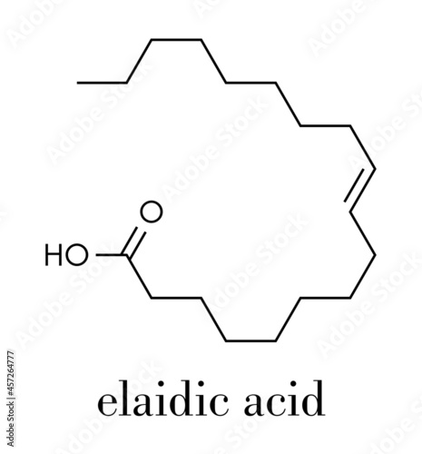 Elaidic acid molecule. The main trans fat found in hydrogenated vegetable oils. Skeletal formula.