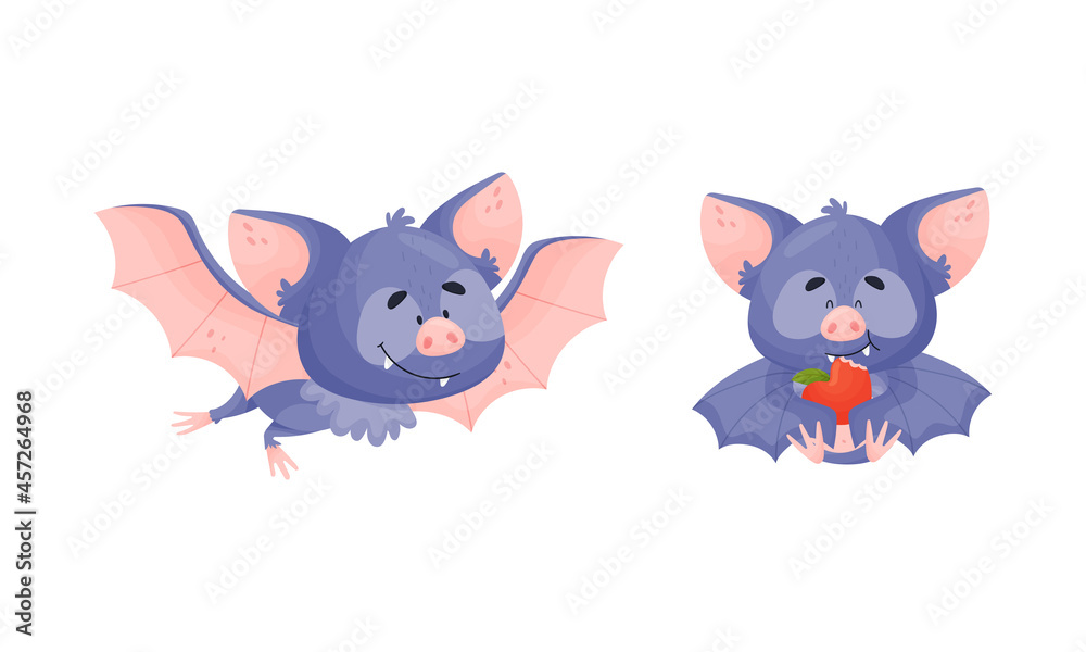 Funny Purple Bat Character Eating Apple and Fluttering Vector Set Funny Purple Bat Character Eating Apple and Fluttering Vector Set