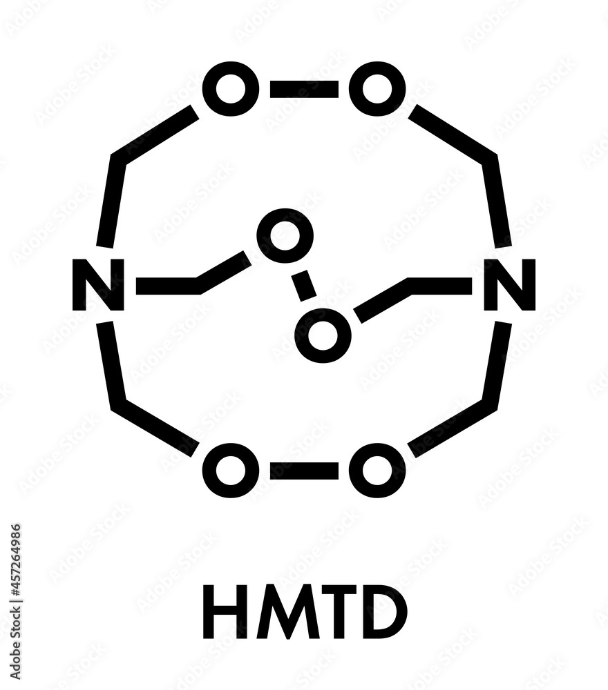 Hexamethylene triperoxide diamine (HMTD) explosive molecule. Skeletal formula. Hexamethylene triperoxide diamine (HMTD) explosive molecule. Skeletal formula.