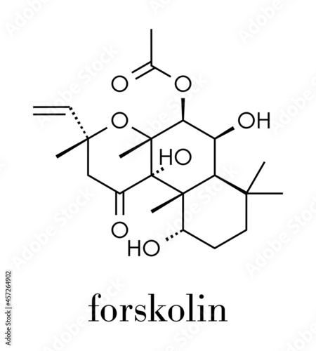 Forskolin (coleonol) molecule. Activates the enzyme adenylyl cyclase, resulting in increased levels of cAMP. Skeletal formula.