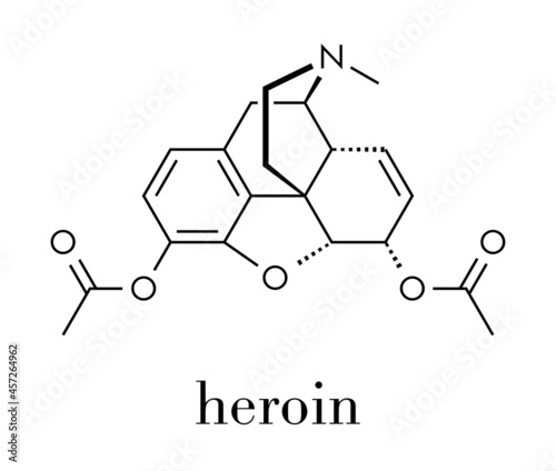 Heroin (diacetylmorphine, morphine diacetate, diamorphine) opioid drug molecule. Skeletal formula. photo