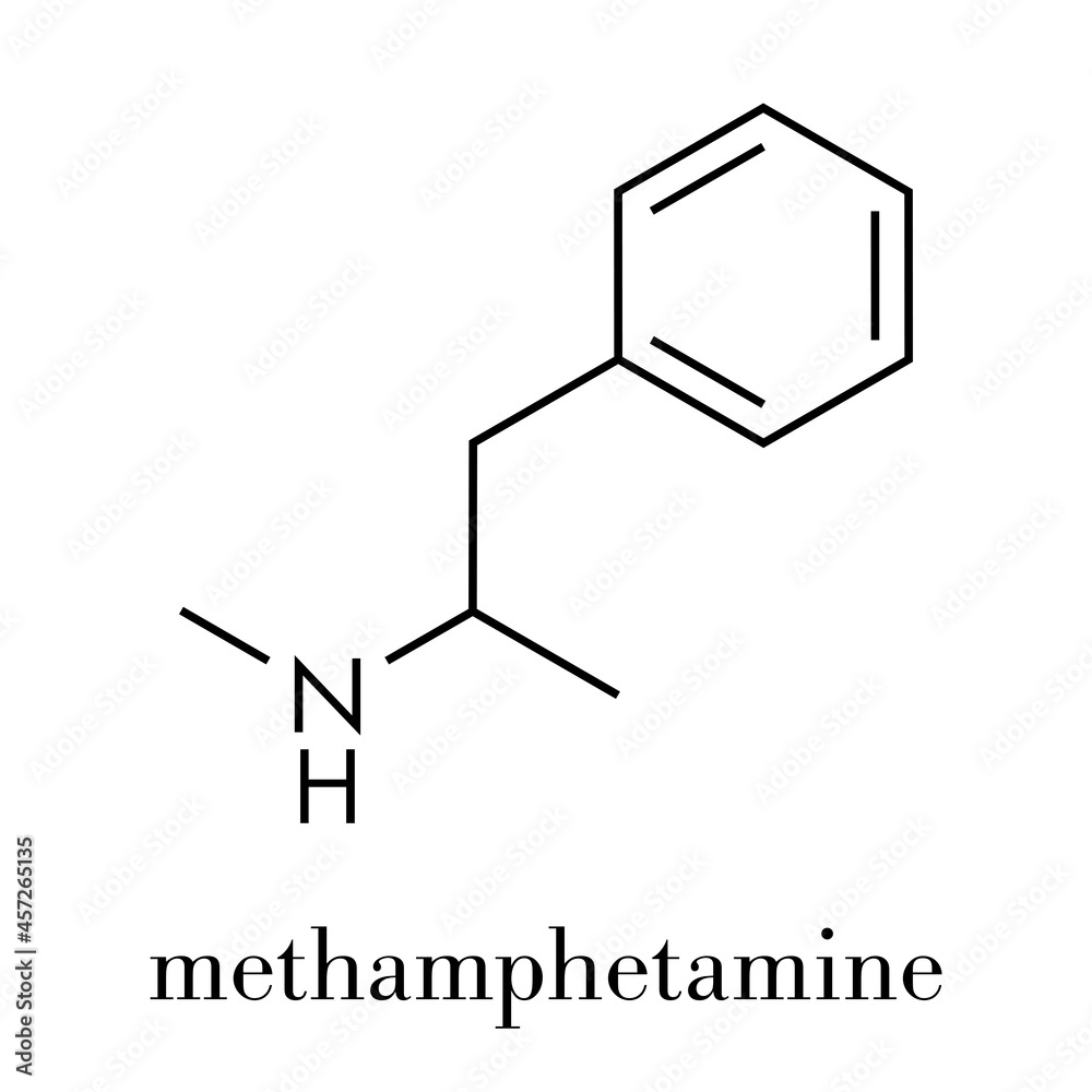 Methamphetamine (crystal meth, methamfetamine) stimulant drug molecule. Skeletal formula. Methamphetamine (crystal meth, methamfetamine) stimulant drug molecule. Skeletal formula.
