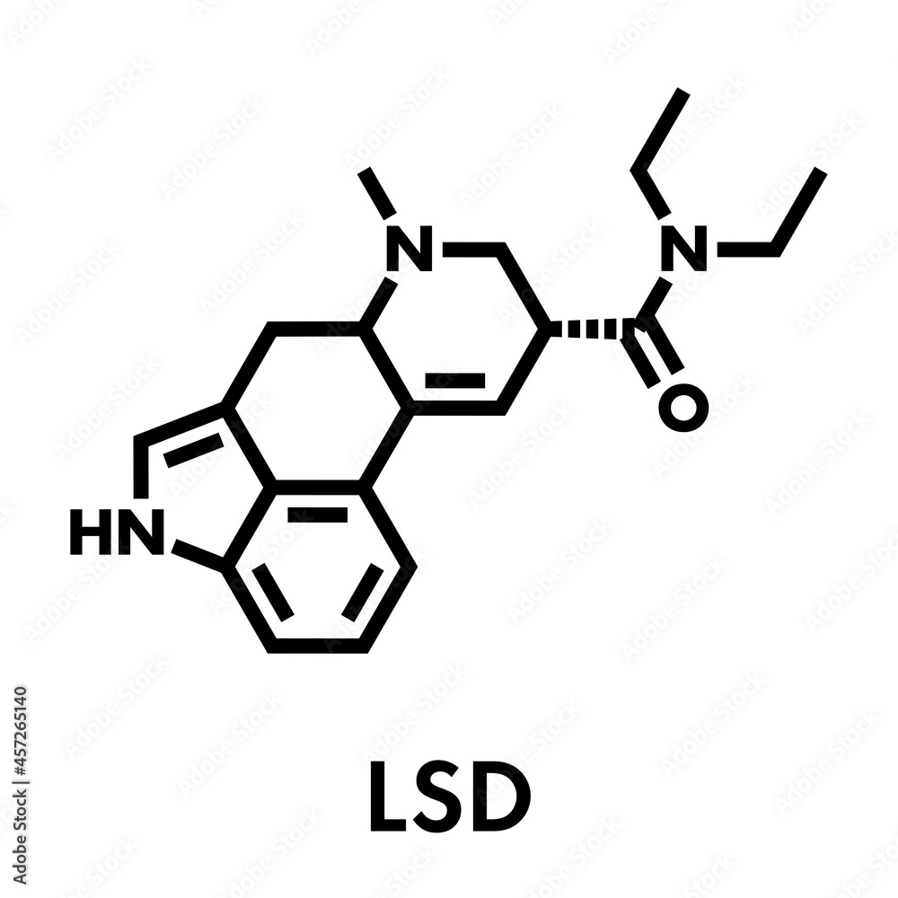 LSD (lysergic acid diethylamide) psychedelic drug molecule. Skeletal formula. LSD (lysergic acid diethylamide) psychedelic drug molecule. Skeletal formula.