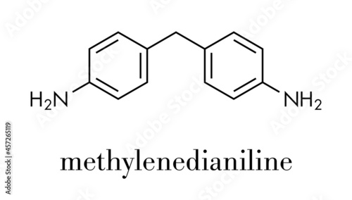 4,4'-methylenedianiline (methylenedianiline, MDA) molecule. Suspected carcinogen, on the list of substances of very high concern. Used in polyurethane production. Skeletal formula.