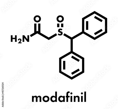 Modafinil wakefulness promoting drug. Used to treat narcolepsy and illicitly as a doping agent. Skeletal formula.