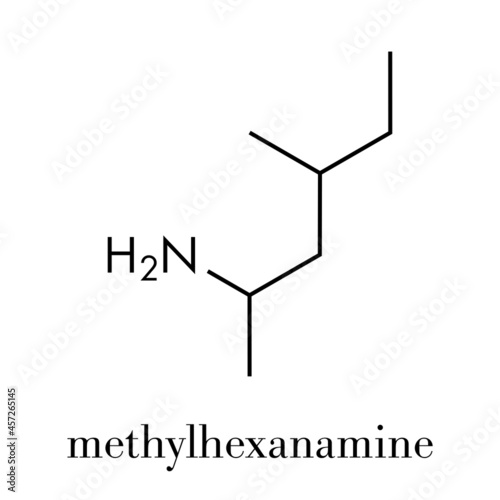 Methylhexanamine (1,3-dimethylamylamine, DMAA) stimulant drug, chemical structure. Skeletal formula.