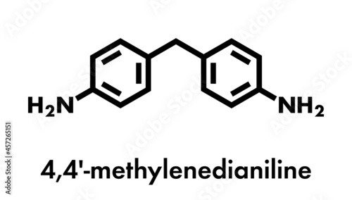 4,4'-methylenedianiline (methylenedianiline, MDA) molecule. Suspected carcinogen, on the list of substances of very high concern. Used in polyurethane production. Skeletal formula.