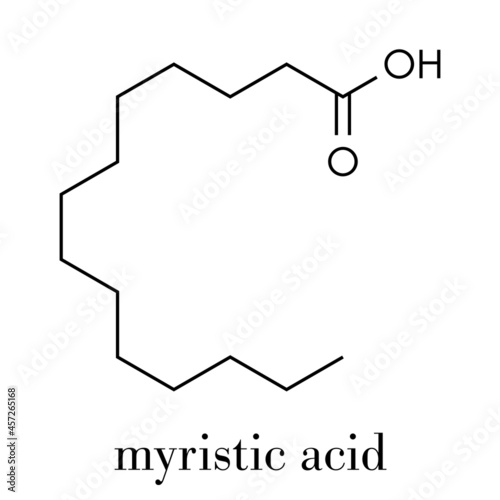 Myristic (tetradecanoic) acid saturated fatty acid molecule. Skeletal formula.
