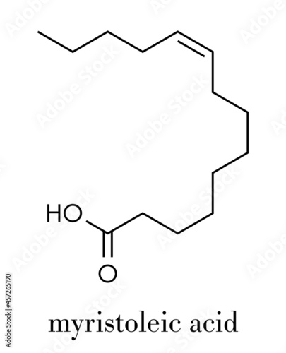 Myristoleic acid (omega-5) fatty acid molecule. Skeletal formula.