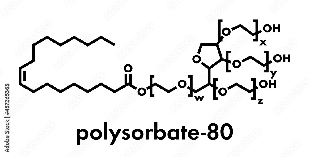 Polysorbate 80 surfactant and emulsifier molecule. Used in food (E433), cosmetics and medicines. Skeletal formula. Polysorbate 80 surfactant and emulsifier molecule. Used in food (E433), cosmetics and medicines. Skeletal formula.