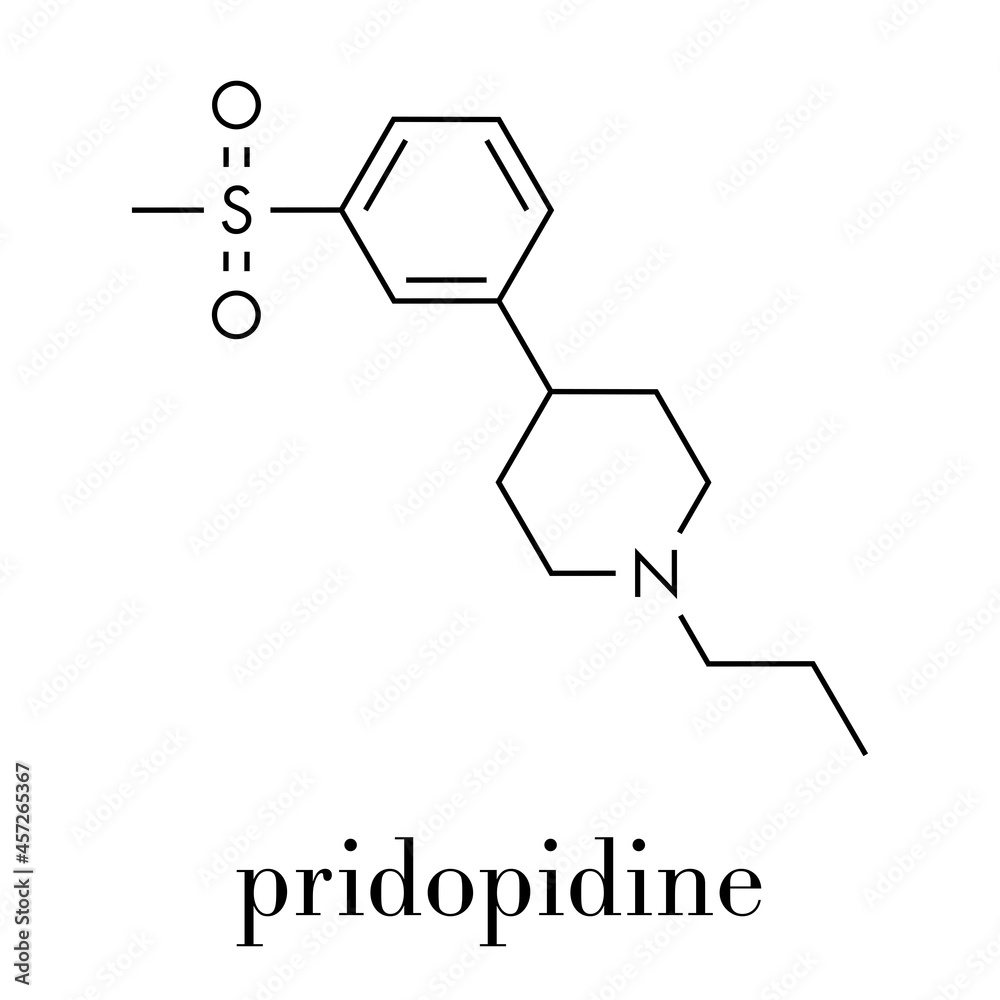 Pridopidine drug molecule. Skeletal formula. Pridopidine drug molecule. Skeletal formula.
