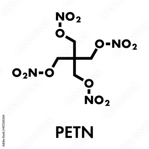 Pentaerythritol tetranitrate (PETN) explosive molecule. Also used as angina drug (nitrate class). Skeletal formula.