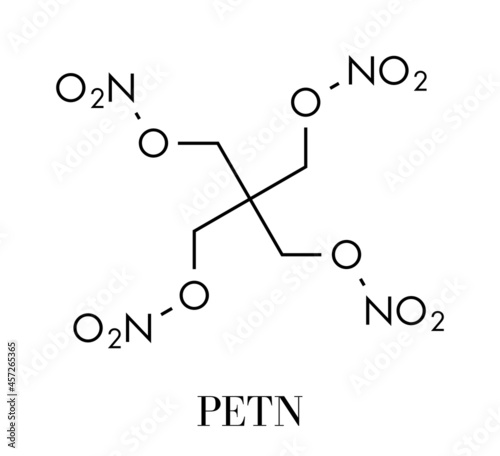 Pentaerythritol tetranitrate (PETN) explosive molecule. Also used as angina drug (nitrate class). Skeletal formula.
