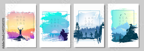 Landscapes set. Travel concept of discovering, exploring, observing nature. Hiking. Adventure tourism. Man watches nature, climbing to top, friends going hike, support of friends. Vector illustration