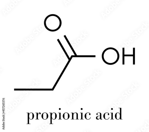 Propionic acid (propanoic acid) molecule. Used as preservative in food. Skeletal formula.