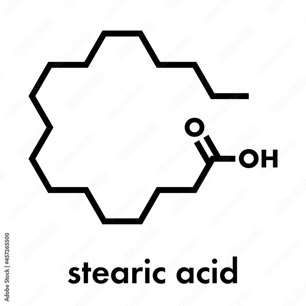 Stearic acid saturated fatty acid molecule. Also known as octadecanoic acid; Esters and salts are known as stearates. Skeletal formula. Stearic acid saturated fatty acid molecule. Also known as octadecanoic acid; Esters and salts are known as stearates. Skeletal formula.