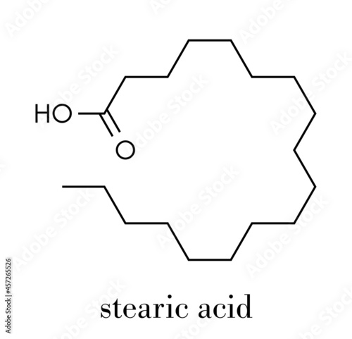 Stearic acid saturated fatty acid molecule. Also known as octadecanoic acid; Esters and salts are known as stearates. Skeletal formula.