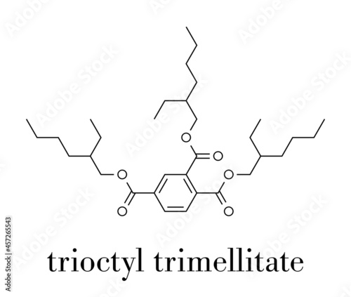tri-octyl-trimellitate (TOTM, tris (2-ethylhexyl) trimellitate) plasticizer molecule. Alternative to phthalate plasticizers. Skeletal formula.
