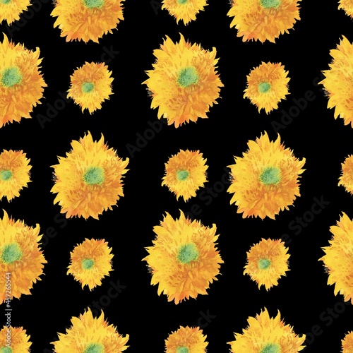Watercolor seamless pattern with yellow sunflowers on black isolated hand drawn background.Botanical,wedding print hand painted.Designs for textiles,fabric,wrapping paper,packaging,social media.