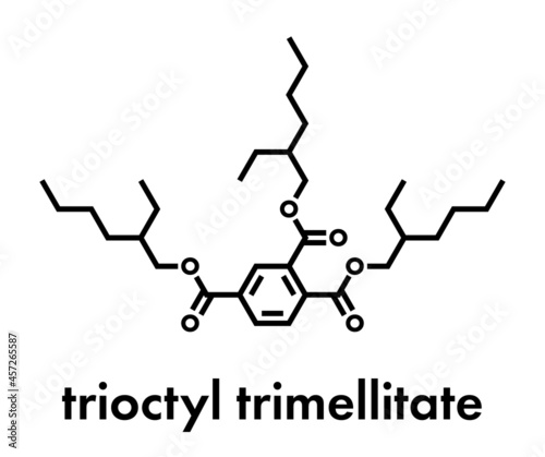 tri-octyl-trimellitate (TOTM, tris (2-ethylhexyl) trimellitate) plasticizer molecule. Alternative to phthalate plasticizers. Skeletal formula. photo