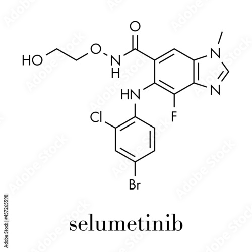 Selumetinib cancer drug molecule (MEK1 and MEK2 inhibitor). Skeletal formula.