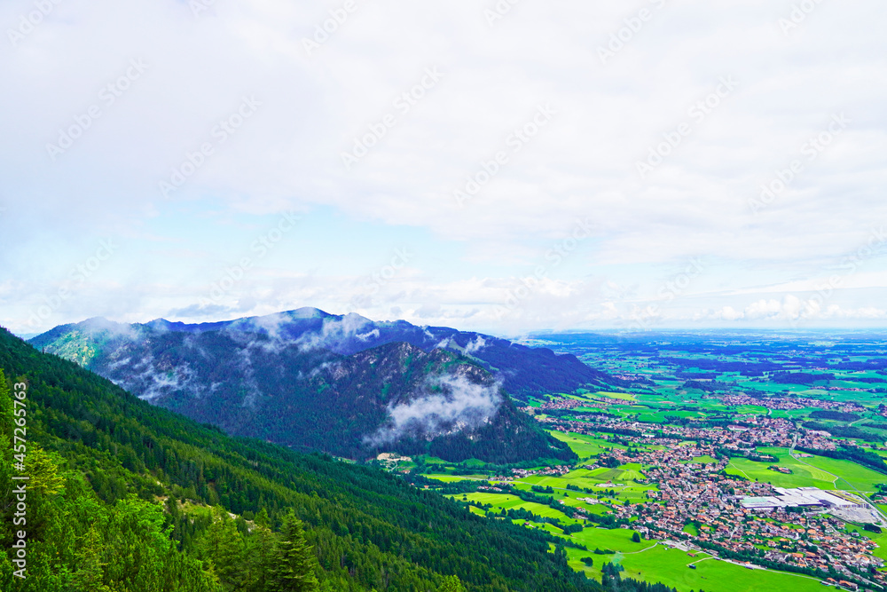 View of the panorama landscape from the Breitenberg near Pfronten. Nature in the Allgäu, Bavaria.
