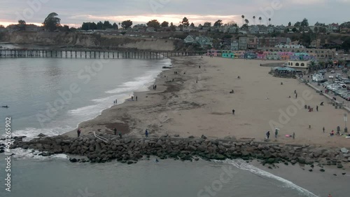 Aerial: People on beach and Capitola wharf, Santa Cruz, Califonia, USA photo