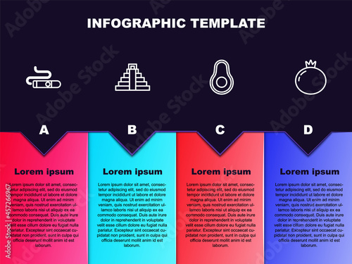 Set line Cigar, Chichen Itza in Mayan, Avocado fruit and Tomato. Business infographic template. Vector