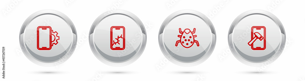 Set line Phone repair service, Mobile with broken screen, System bug and . Silver circle button. Vector