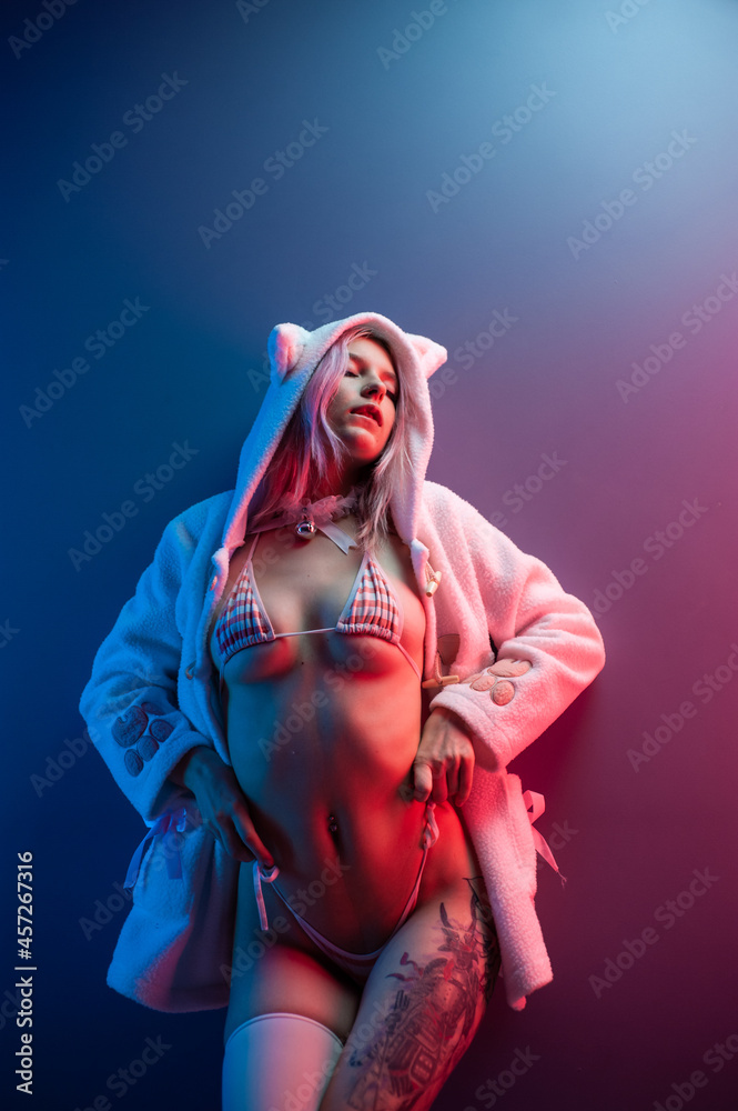 sexy young girl cosplay anime japanese style in underwear in neon light sexy young girl cosplay anime japanese style in underwear in neon light