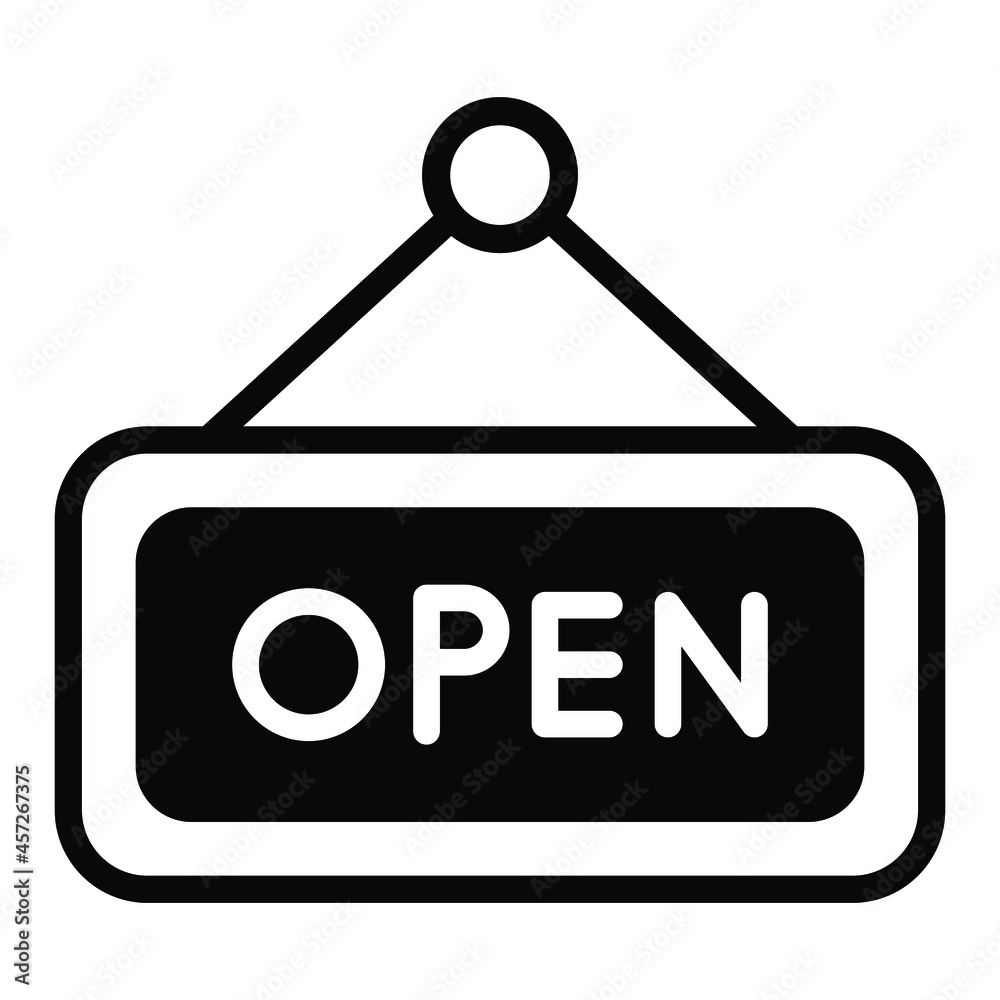 Open sign black filled line icon, Black Friday glyph style store or market shopping commerce, shop sale icon design. Open sign black filled line icon, Black Friday glyph style store or market shopping commerce, shop sale icon design.