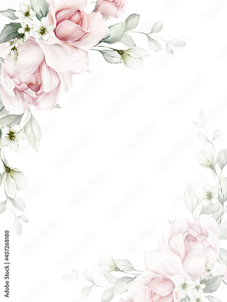 Greeting card with roses and foliage on a white background in a watercolor style