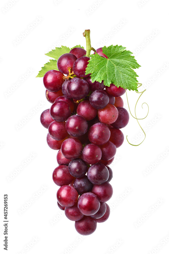 A bunch of red grape with leaves isolated on white background. A bunch of red grape with leaves isolated on white background.