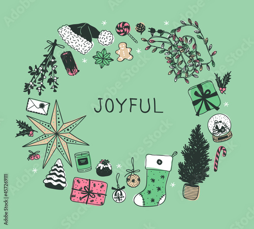 Hand drawn pattern with Christmas objects.Vector Celebration Illustration. Creative artwork. Cozy Winter set of decoration. Doodle Holidays background.