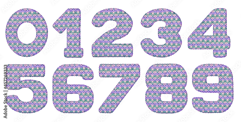 Cozy winter handiwork numbers knitted from lilac, white, green woolen threads, rope isolated on white background Cozy winter handiwork numbers knitted from lilac, white, green woolen threads, rope isolated on white background
