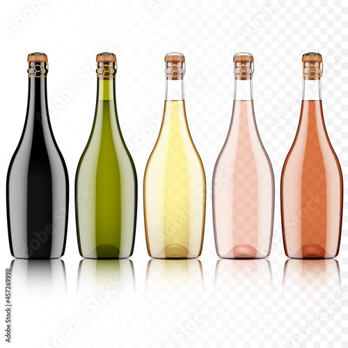 Set of transparent wine bottles with cork, isolated.