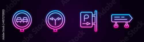 Set line No overtaking road traffic, Fork the, Parking and Road sign. Glowing neon icon. Vector