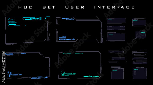 Set futuristic HUD frames and headers, UI UX for HUD UI. HUD user interface elements. Callouts, headers, frames, pointers, info and dialog boxes