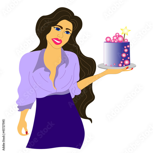 confectioner chef girl holds her cake in her hands. brunette in shirt shows birthday cake. Blue cake. Blogger about food. No to diets. Vector. Bakery products.