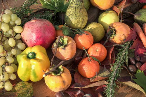 autumn still life with fruits and vegetables - view from above  