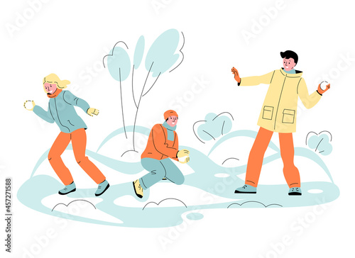 Young people are playing snowballs fight. Fun games on the background of a winter landscape. Vector illustration in cartoon style.