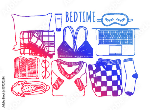 Hand drawn Holiday fashion illustration. Creative ink art work. Actual vector drawing. Cozy winter set: plaid, book, sock, mail, tea cup, slippers and other cozy things