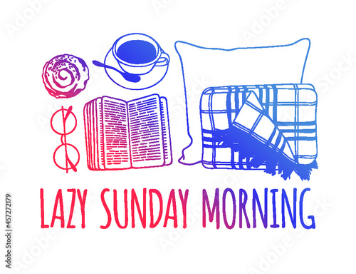 Hand drawn Holiday fashion illustration. Creative ink art work. Actual vector drawing. Cozy winter set: plaid, book, sock, mail, tea cup, slippers and other cozy things