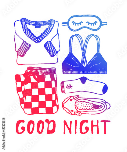 Hand drawn Holiday fashion illustration. Creative ink art work. Actual vector drawing. Cozy winter set: plaid, book, sock, mail, tea cup, slippers and other cozy things